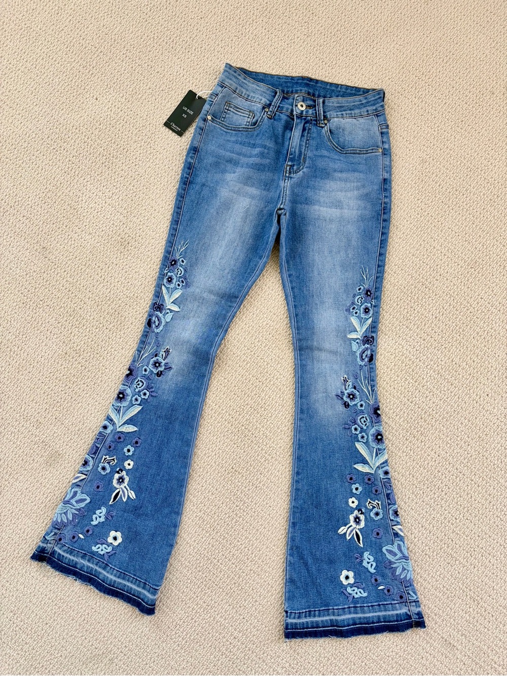 Chartou High-Rise Blue Embroidered Flare Jeans Size XS